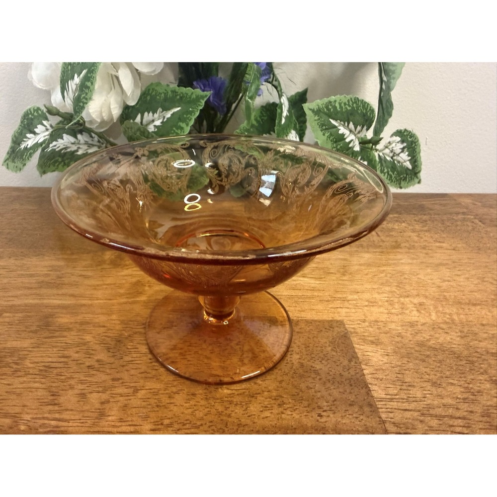 Vintage Etched Amber Depression Glass Footed Compote Bowl Centerpiece Decor